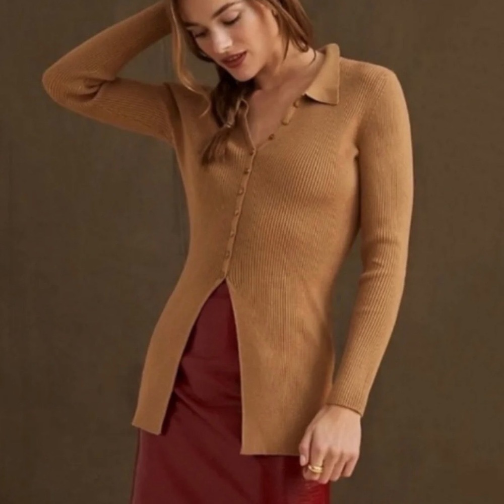 Maeve by Anthropologie Camel Brown‎ Ribbed Slim Cardigan Sweater Size Small